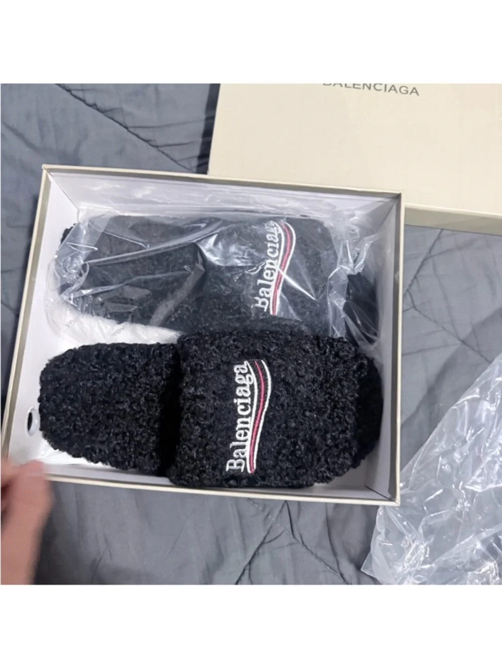 Balenciaga Black Fleece Slide with Red & White Logo - Picture 2 of 3